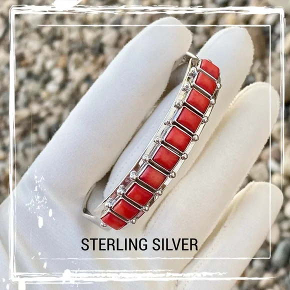 Red Coral Row Sterling Silver Cuff Bracelet - Picture 4 of 11